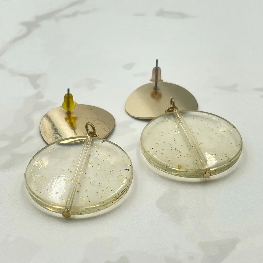 Vintage‎ Gold Tone Earrings Disc Drop Clear Glitter Acrylic Large Boho Statement